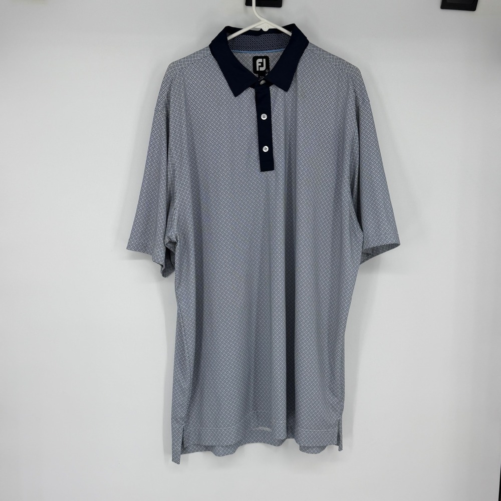 FootJoy Mens XL Polo Shirt Blue White Geometric Print Short‎ Sleeve Golf Top